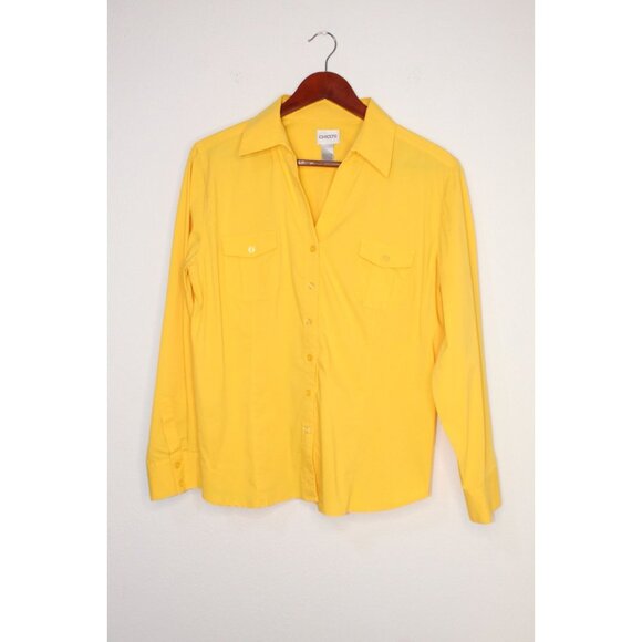 Chico's Button Down Shirt Women's 2 US 12 L Yellow Pockets Regular Fit Travel - Picture 1 of 12